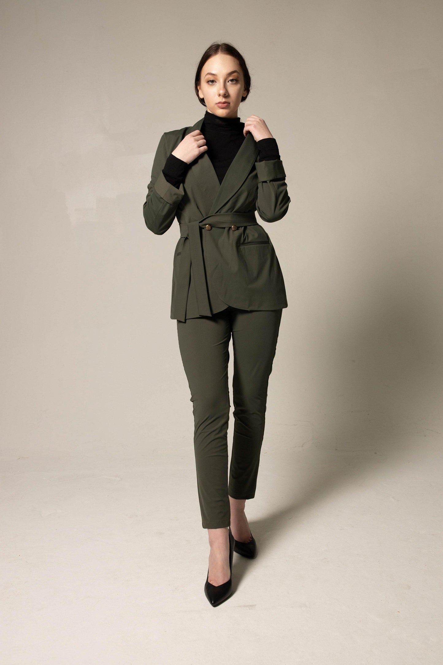 Women's Olive Blazer with Front Buttons Le Réussi