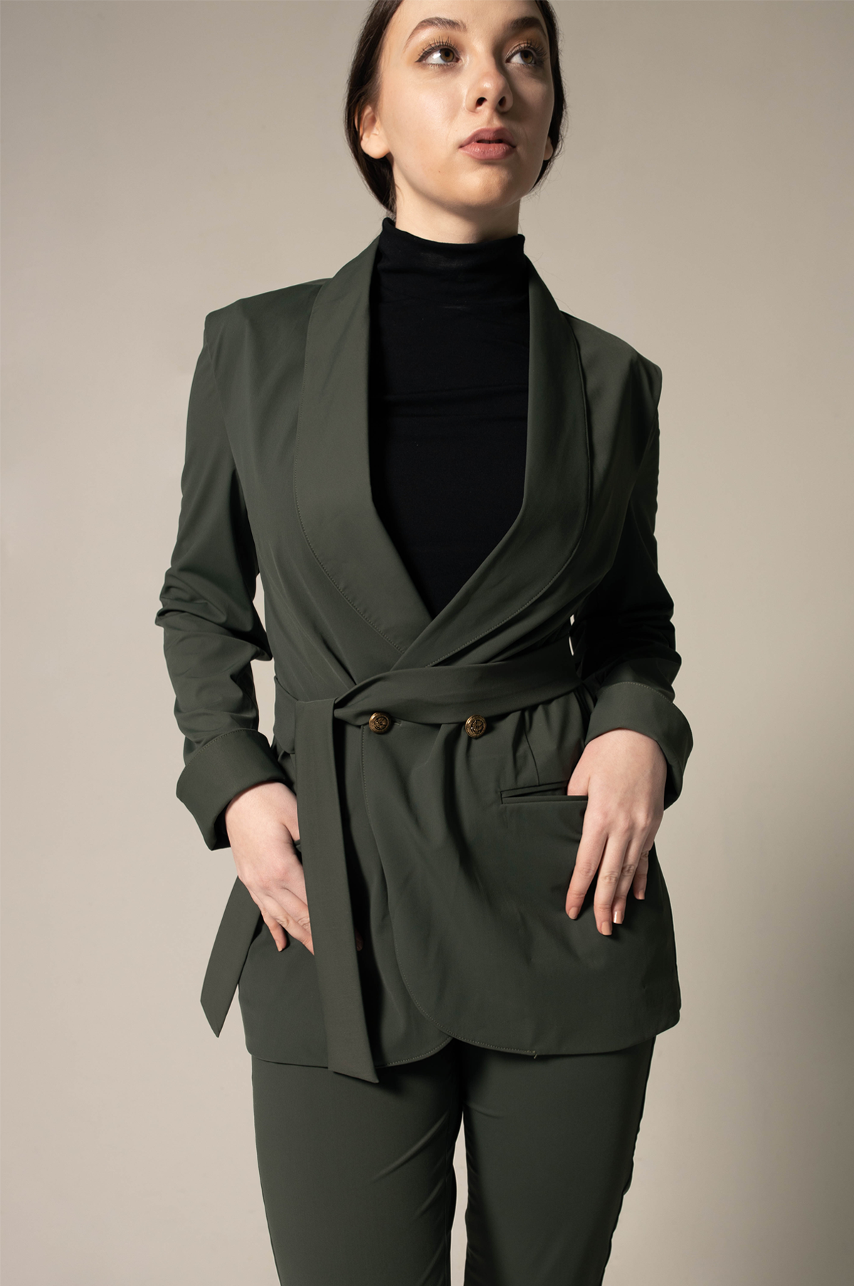 Women's Olive Blazer with Front Buttons Le Réussi