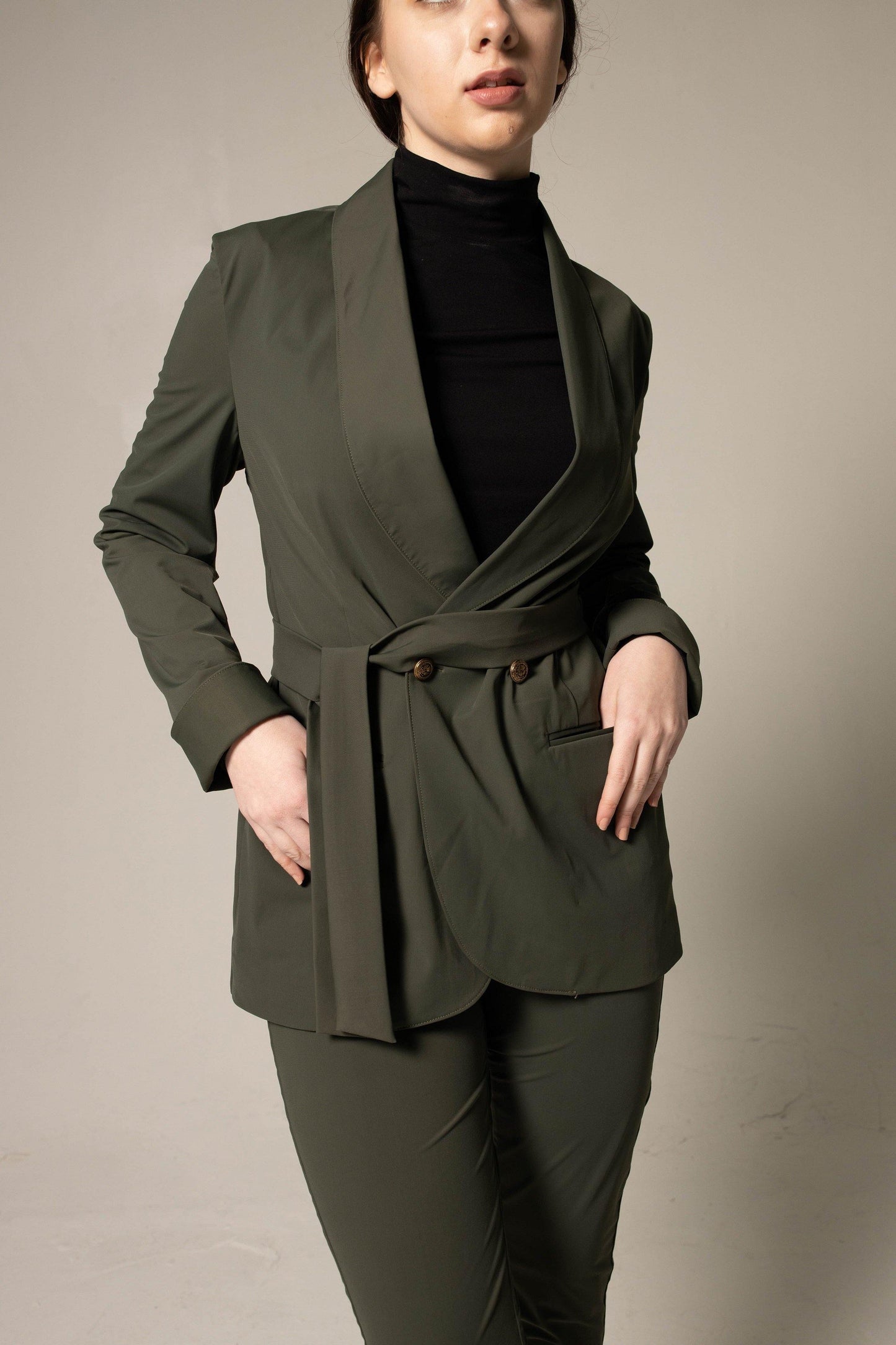 Women's Olive Blazer with Front Buttons Le Réussi