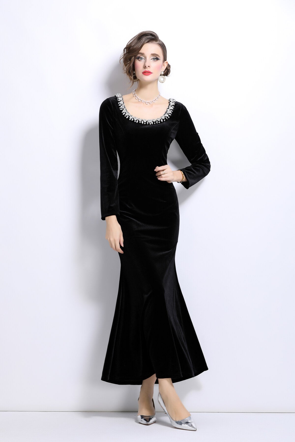 Black Velvet Vintage Fishtail Dress DZA