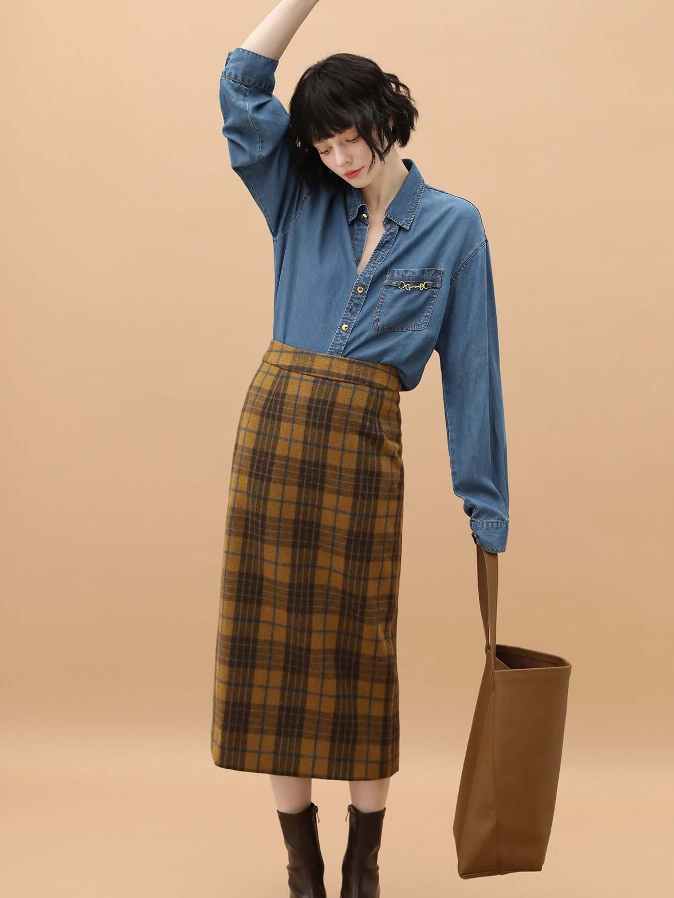 Brown Plaid Midi Skirt Cocobella
