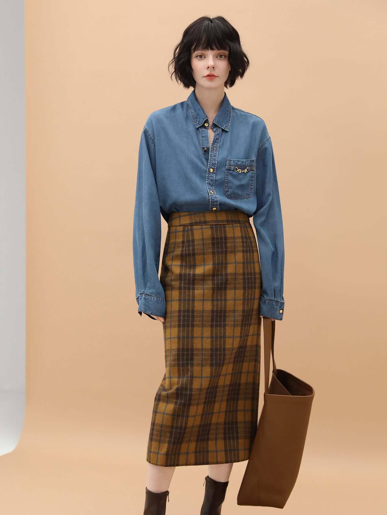 Brown Plaid Midi Skirt Cocobella
