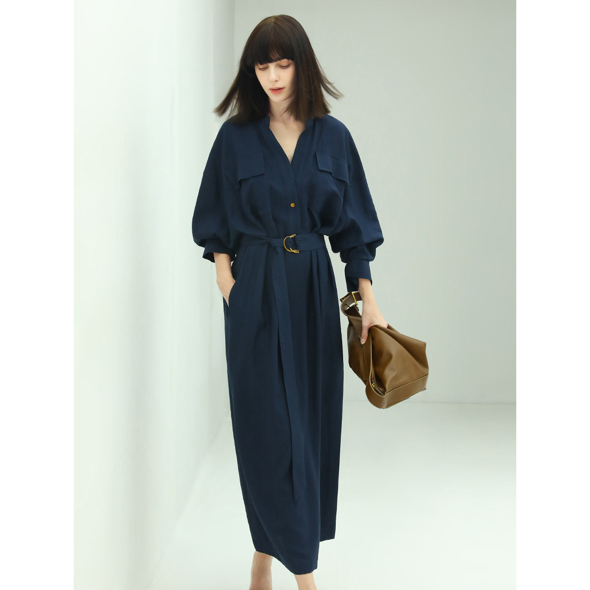 Classic Belted Navy Shirt Dress Cocobella