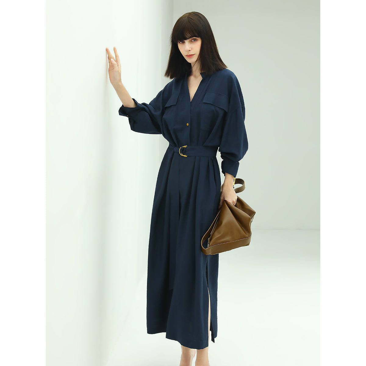 Classic Belted Navy Shirt Dress Cocobella
