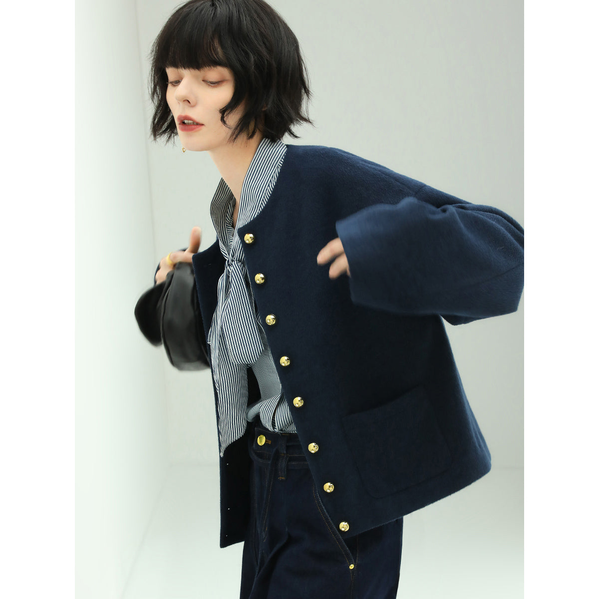 Navy Wool Collarless Jacket Cocobella