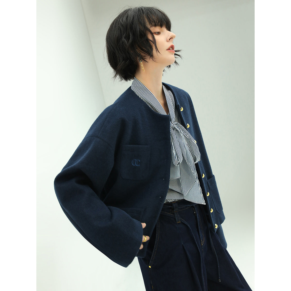 Navy Wool Collarless Jacket Cocobella