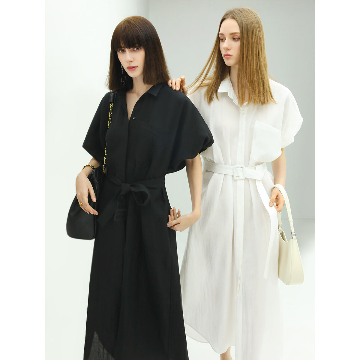 Belted Puff Sleeve Shirt Dress Cocobella
