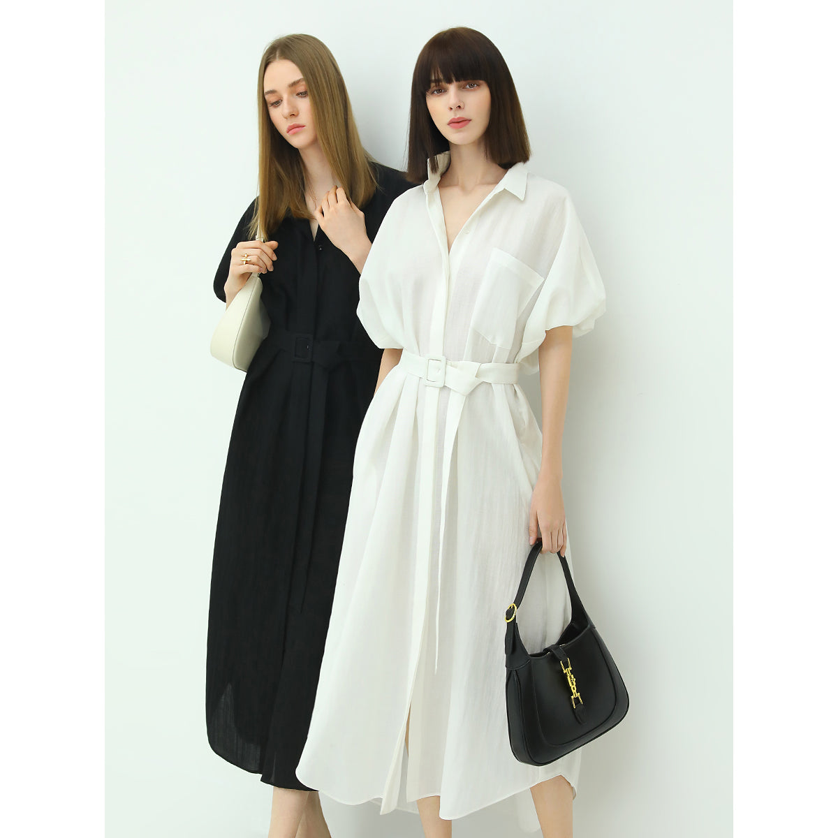 Belted Puff Sleeve Shirt Dress Cocobella