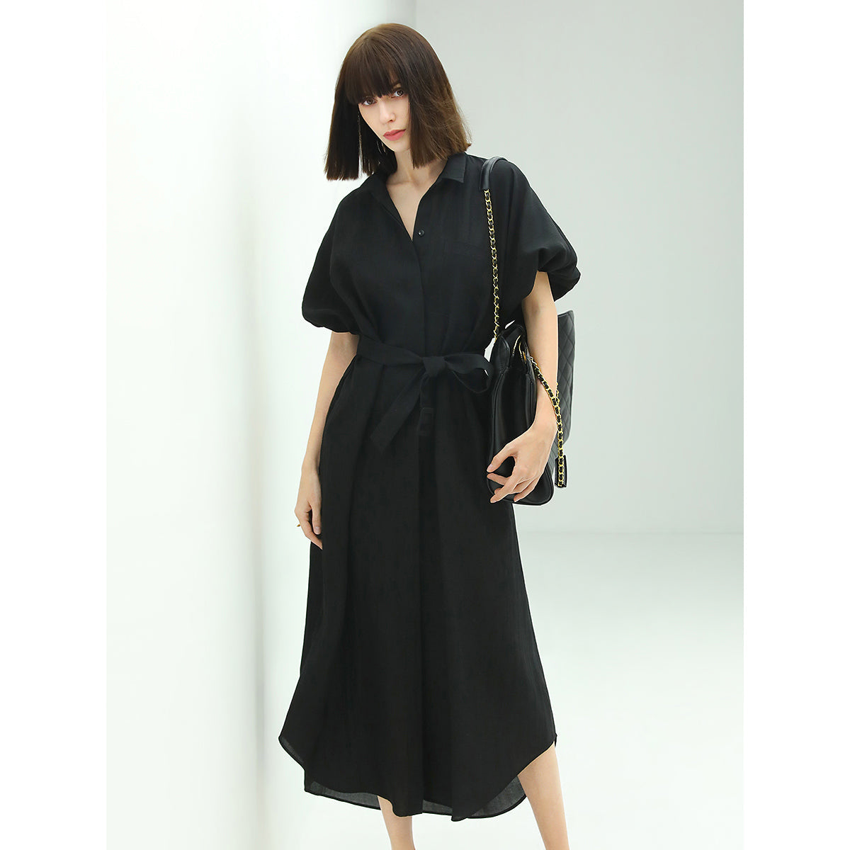 Belted Puff Sleeve Shirt Dress Cocobella