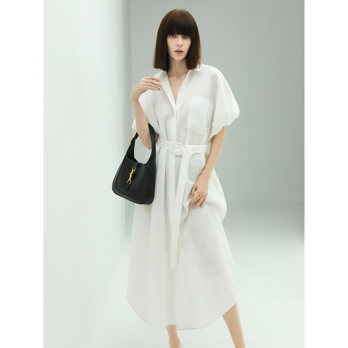 Belted Puff Sleeve Shirt Dress Cocobella