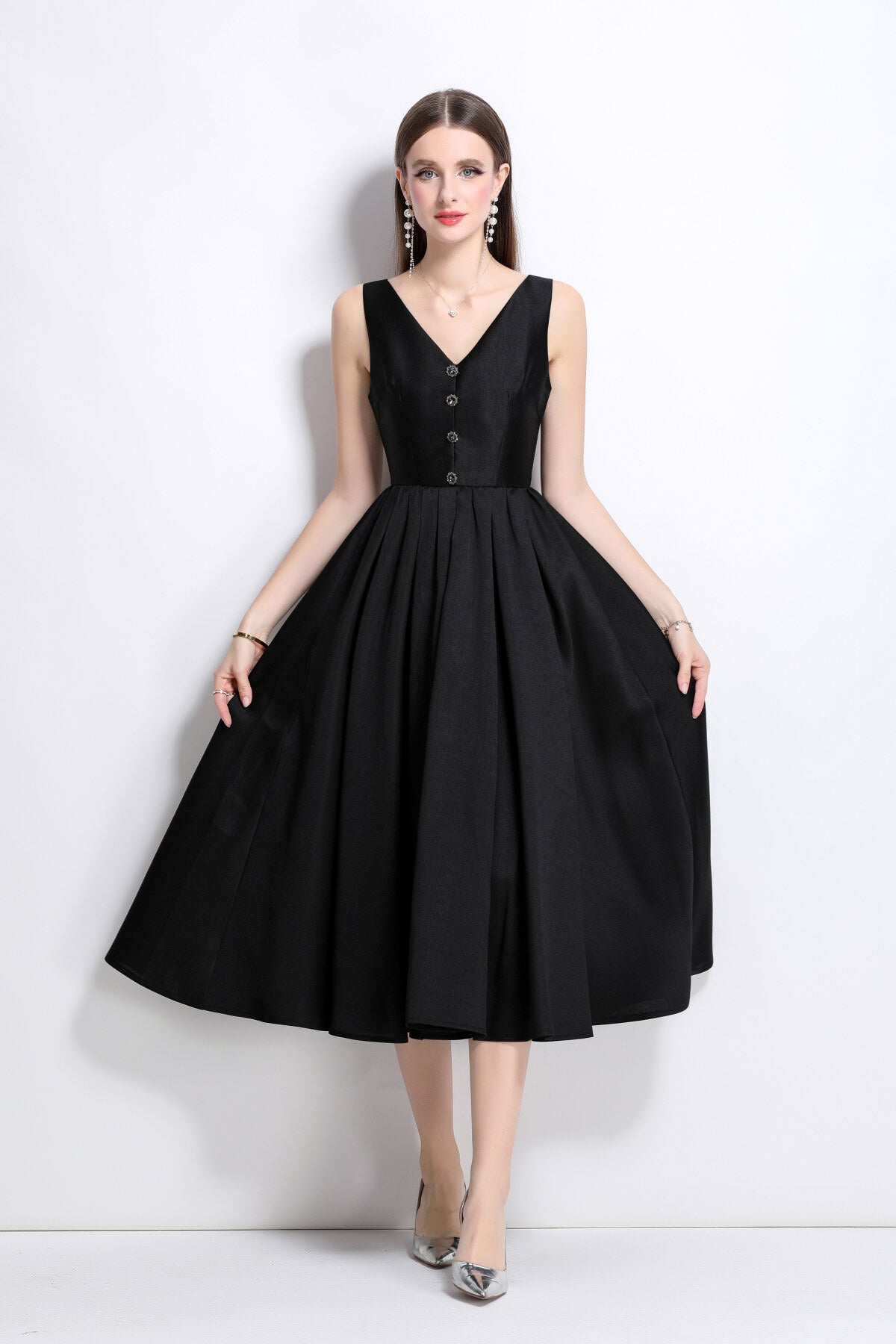 Elegant Fitted Midi V-Neck Dress DZA