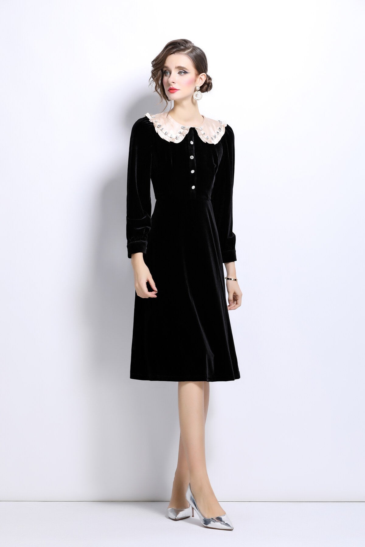 Black Velvet Knee-Length Dress DZA