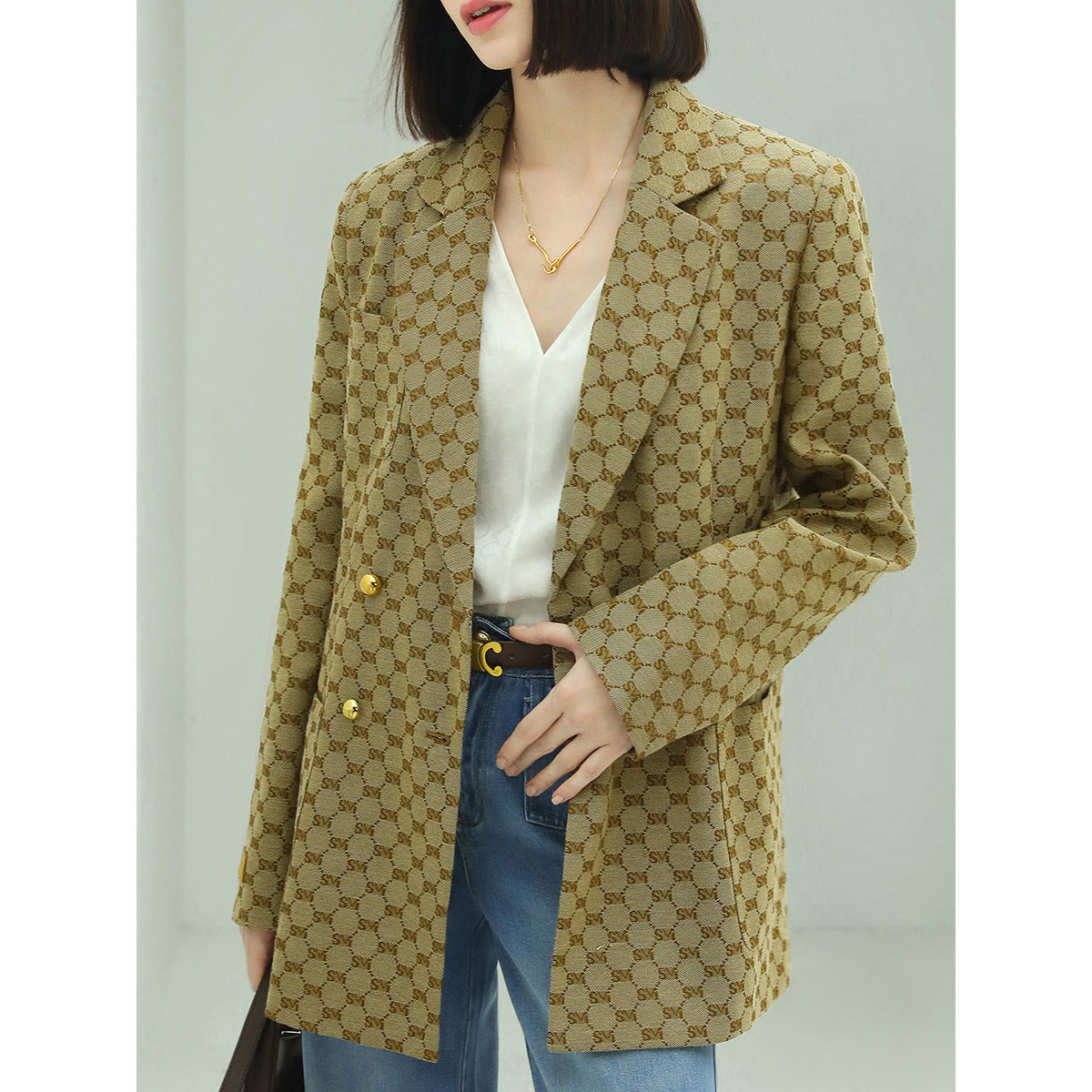 Khaki Vintage Pattern Blazer Cocobella