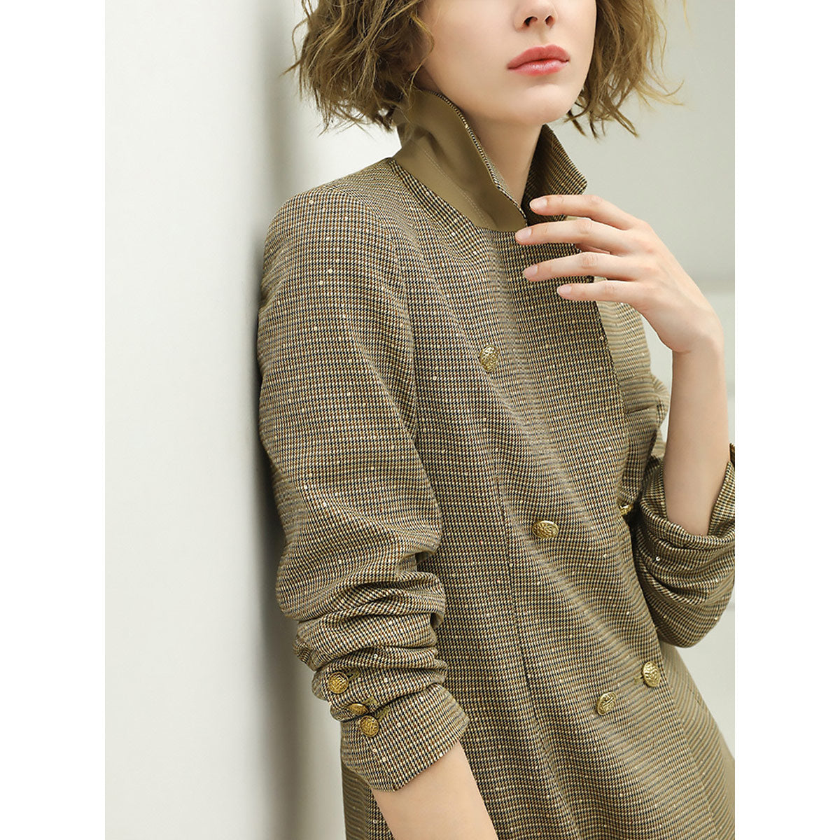 Beige Checkered Double-Breasted Blazer Cocobella