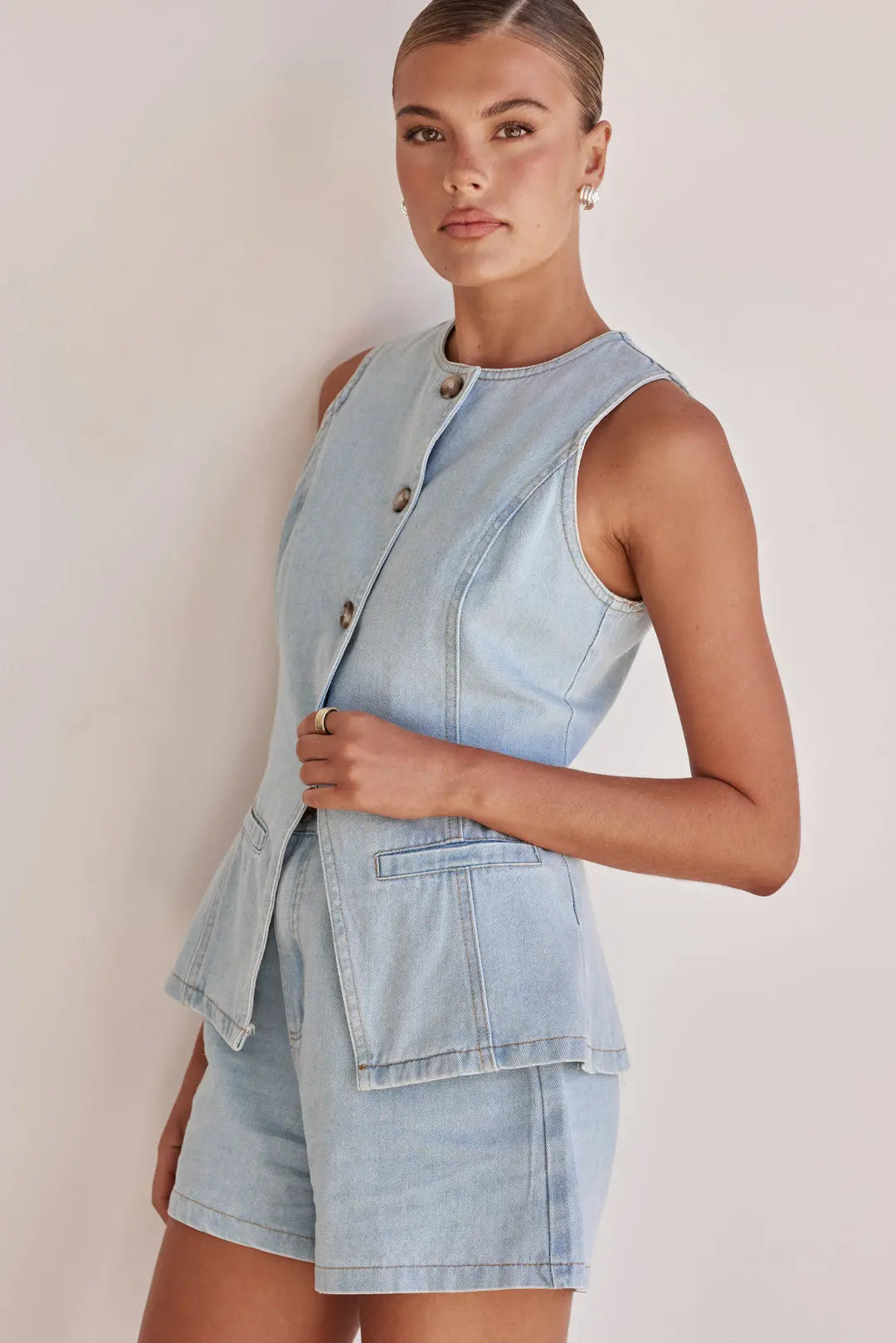 Sleeveless Denim Vest with Pockets Breathe by November 28
