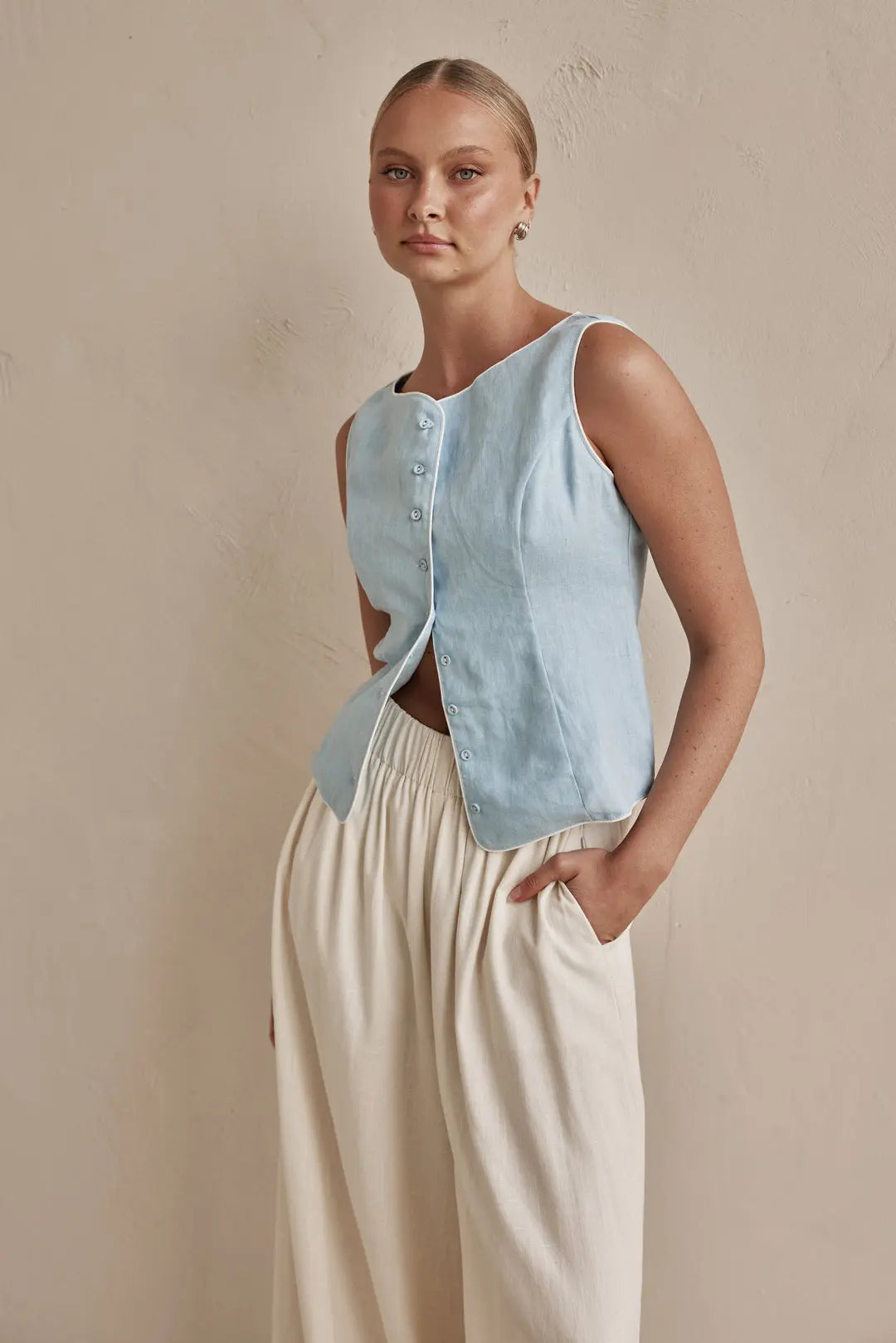 Sky Blue Sleeveless Linen Vest Breathe by November 28