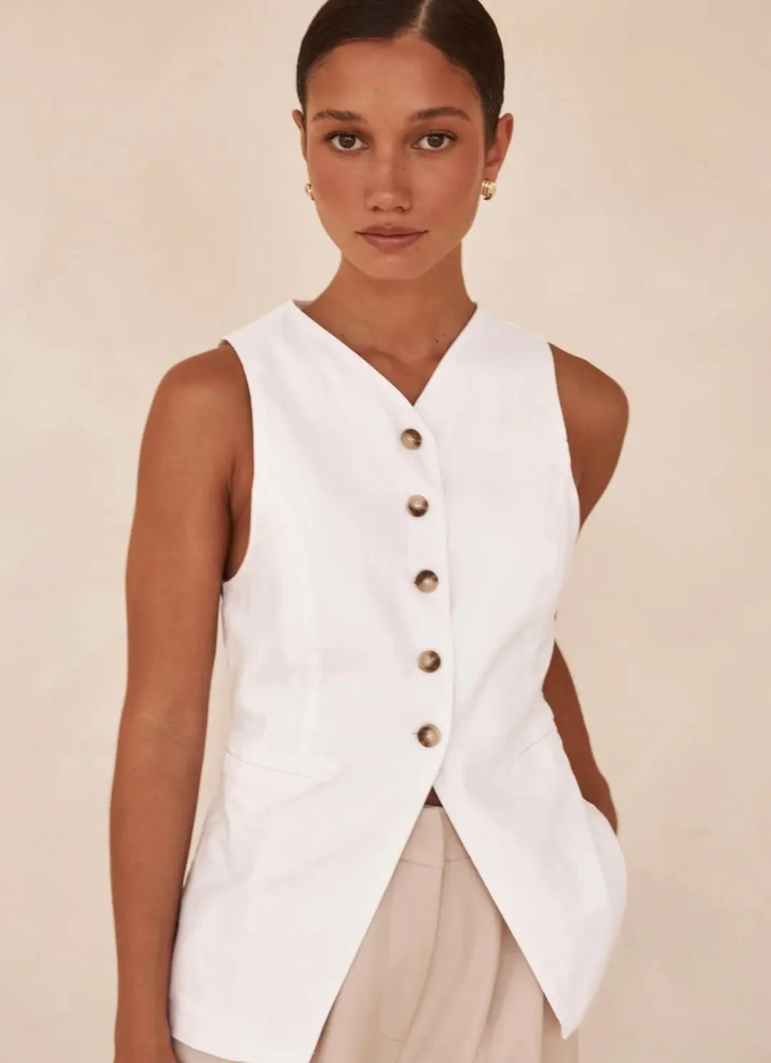 White Organic Linen V-Neck Vest Breathe by November 28