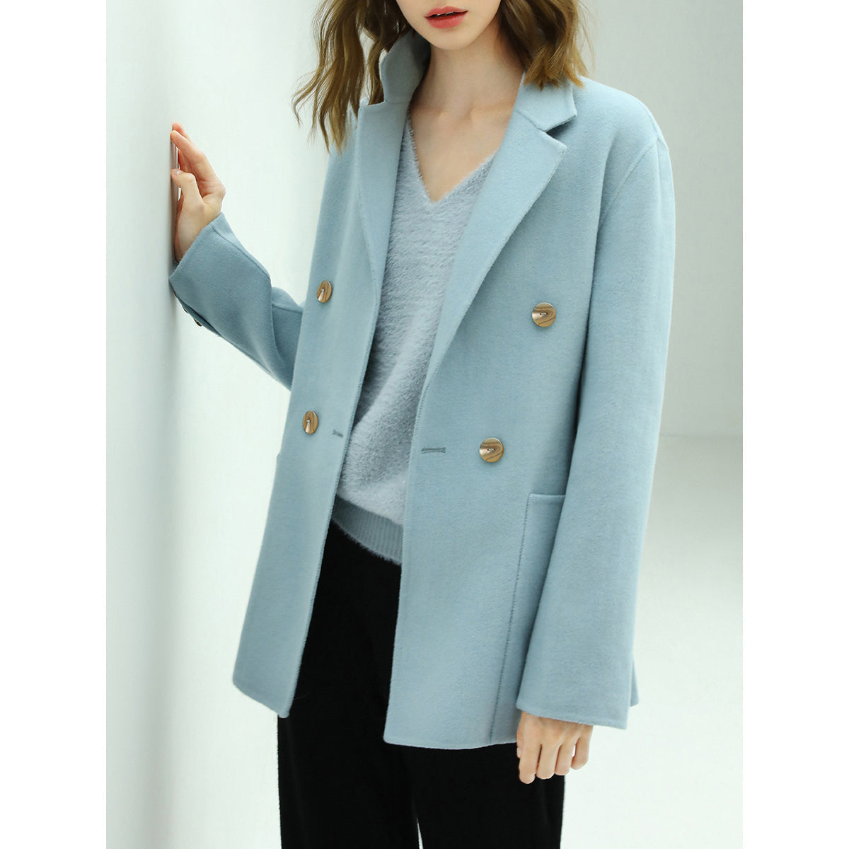 Powder Blue Double-Breasted Wool Coat Cocobella