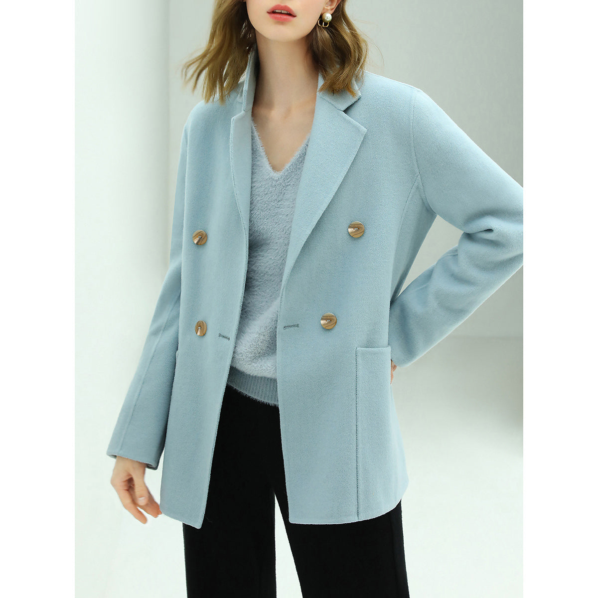 Powder Blue Double-Breasted Wool Coat Cocobella