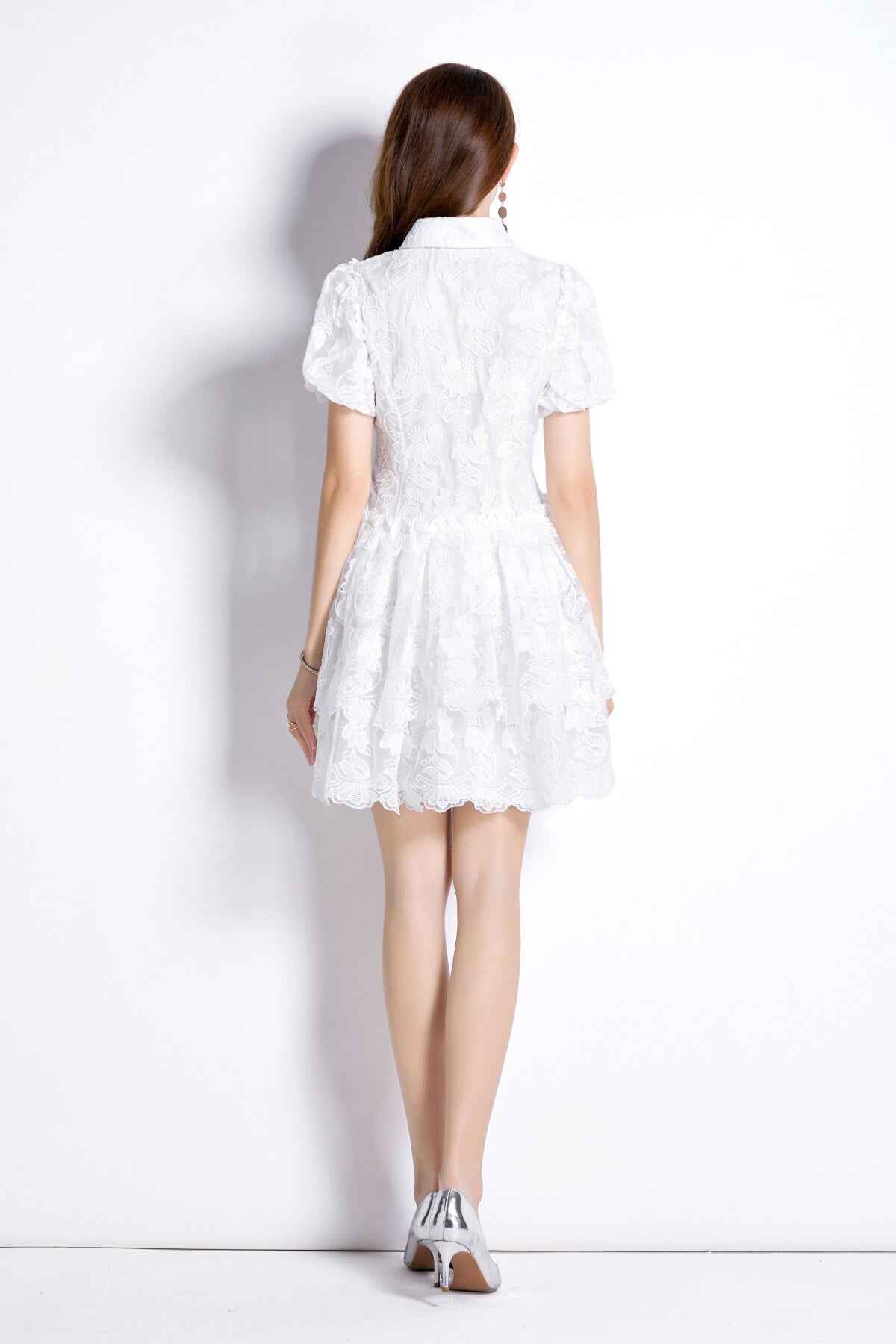 White Embroidered Puff Sleeve Dress DZA