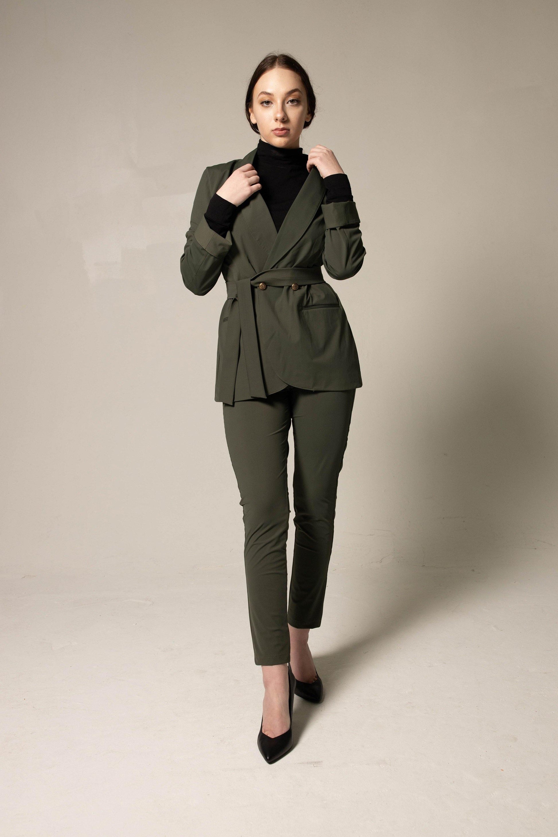 Women's Olive Blazer with Front Buttons Le Réussi