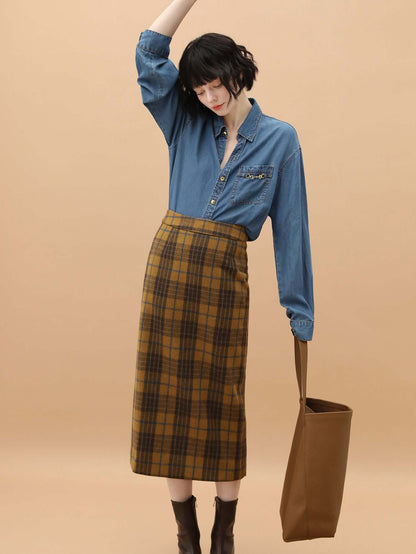 Brown Plaid Midi Skirt Cocobella