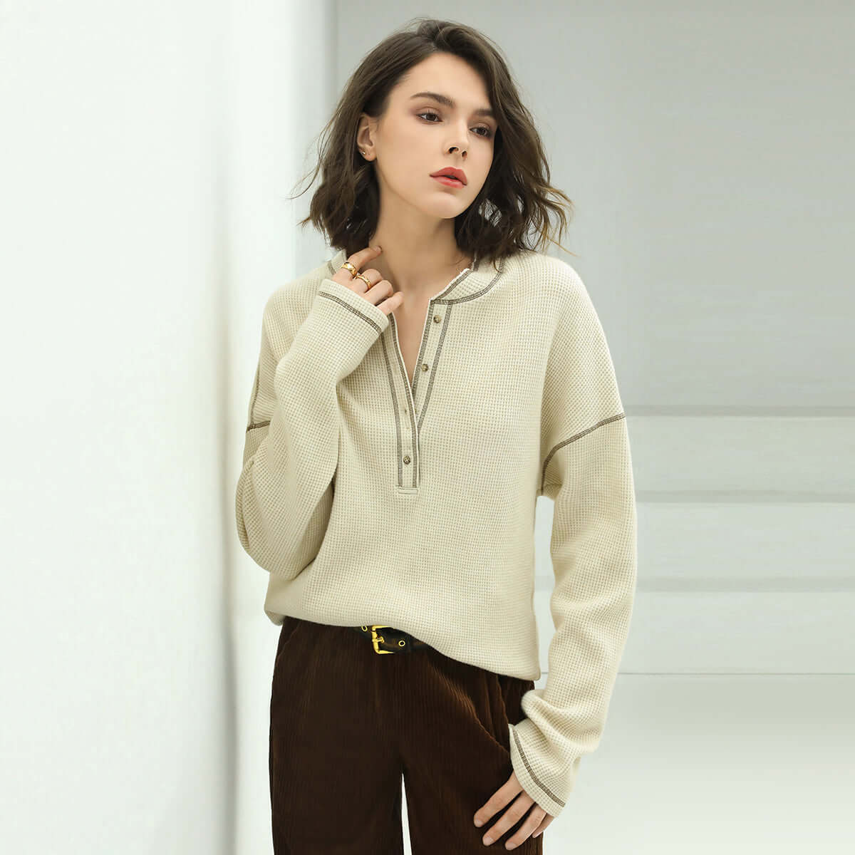 Cream Half-Button Pullover Sweater Cocobella