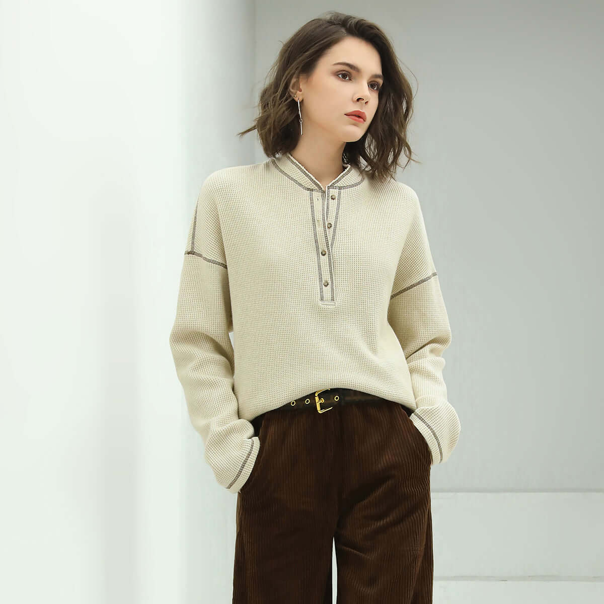 Cream Half-Button Pullover Sweater Cocobella