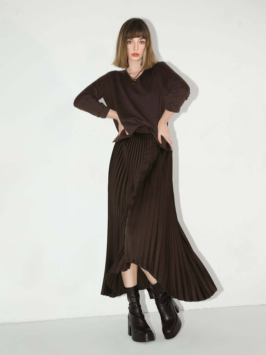 Chocolate Brown Asymmetric Pleated Midi Skirt Cocobella