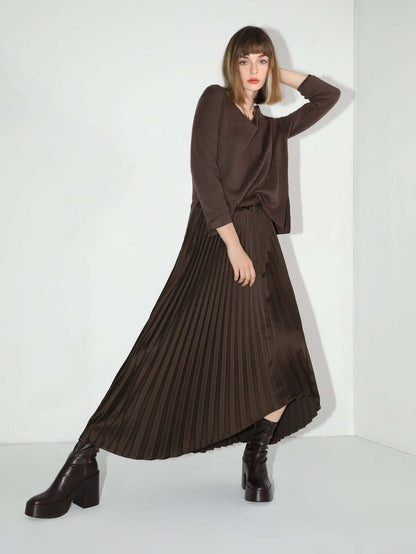 Chocolate Brown Asymmetric Pleated Midi Skirt Cocobella