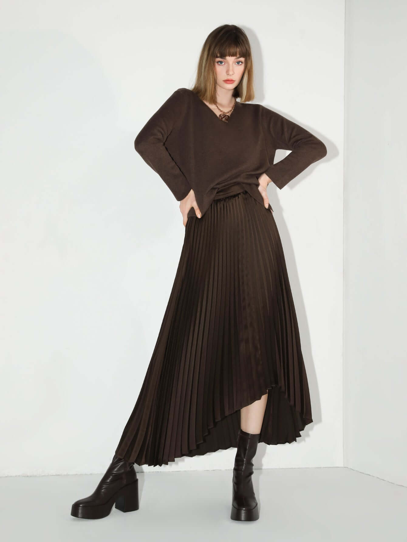 Chocolate Brown Asymmetric Pleated Midi Skirt Cocobella