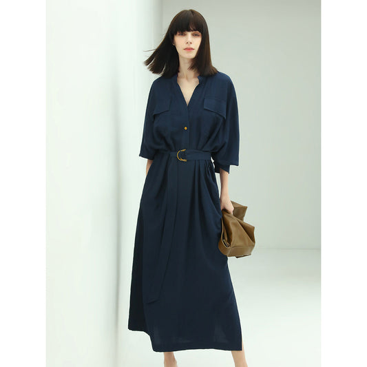 Classic Belted Navy Shirt Dress Cocobella
