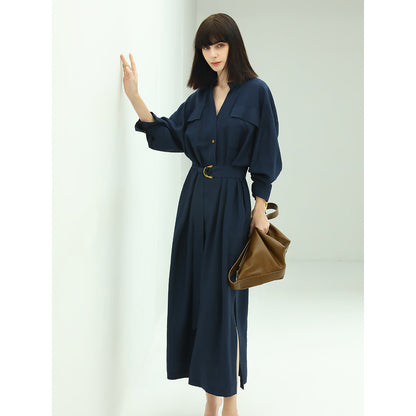 Classic Belted Navy Shirt Dress Cocobella