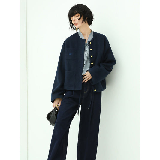 Navy Wool Collarless Jacket Cocobella