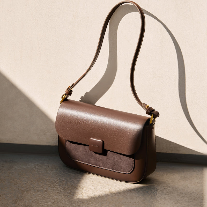 Coffee Leather Box Shoulder Bag Nalandu