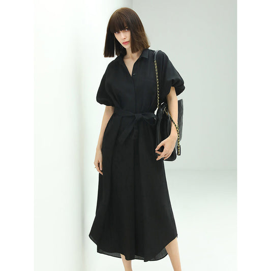 Belted Puff Sleeve Shirt Dress Cocobella