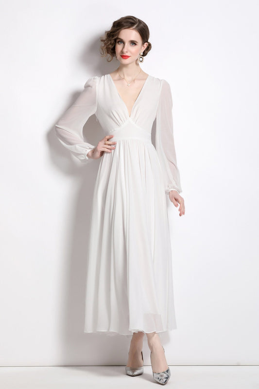 Dreamy White V-Neck Maxi Dress DZA