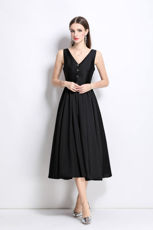 Elegant Fitted Midi V-Neck Dress DZA