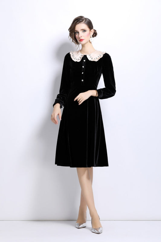 Black Velvet Knee-Length Dress DZA
