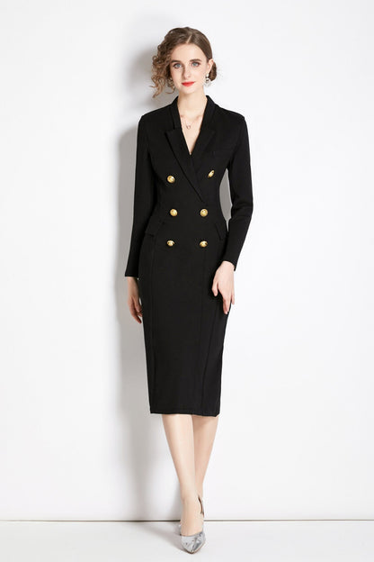 Black Midi Blazer Dress with Gold Buttons DZA