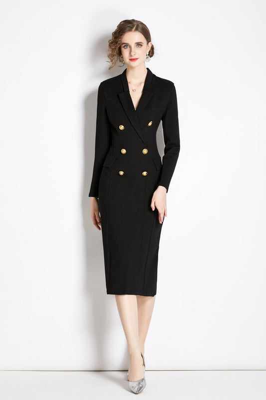 Black Midi Blazer Dress with Gold Buttons DZA