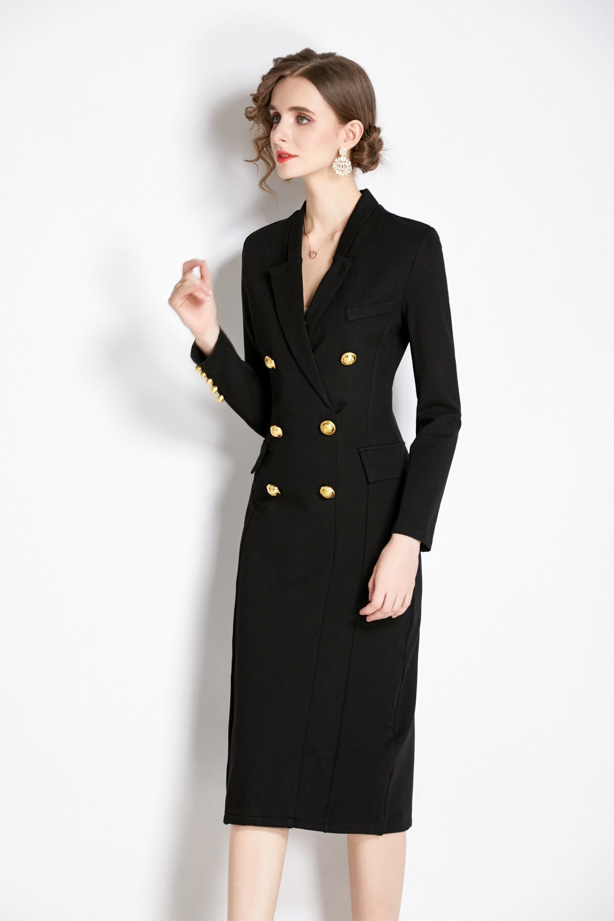 Black Midi Blazer Dress with Gold Buttons DZA