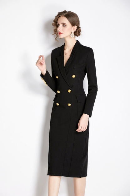 Black Midi Blazer Dress with Gold Buttons DZA