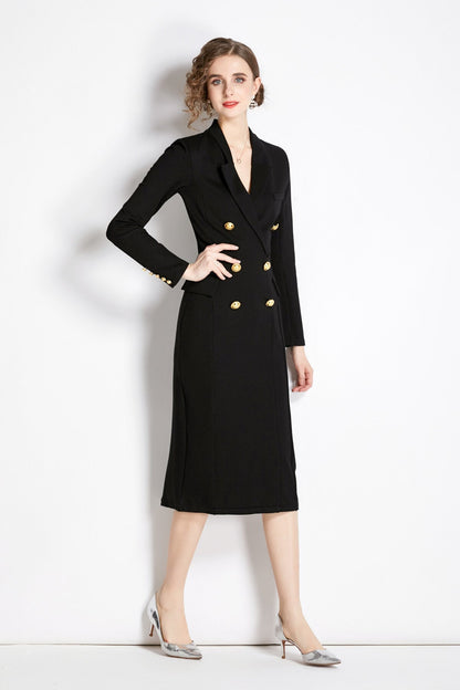 Black Midi Blazer Dress with Gold Buttons DZA