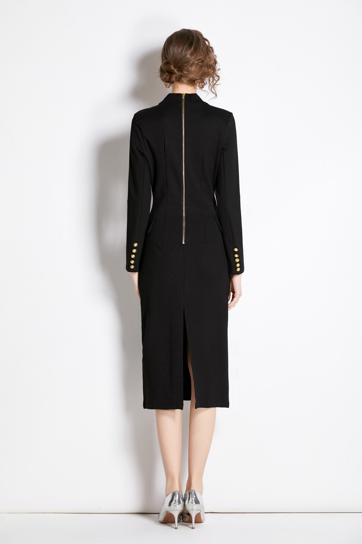 Black Midi Blazer Dress with Gold Buttons DZA