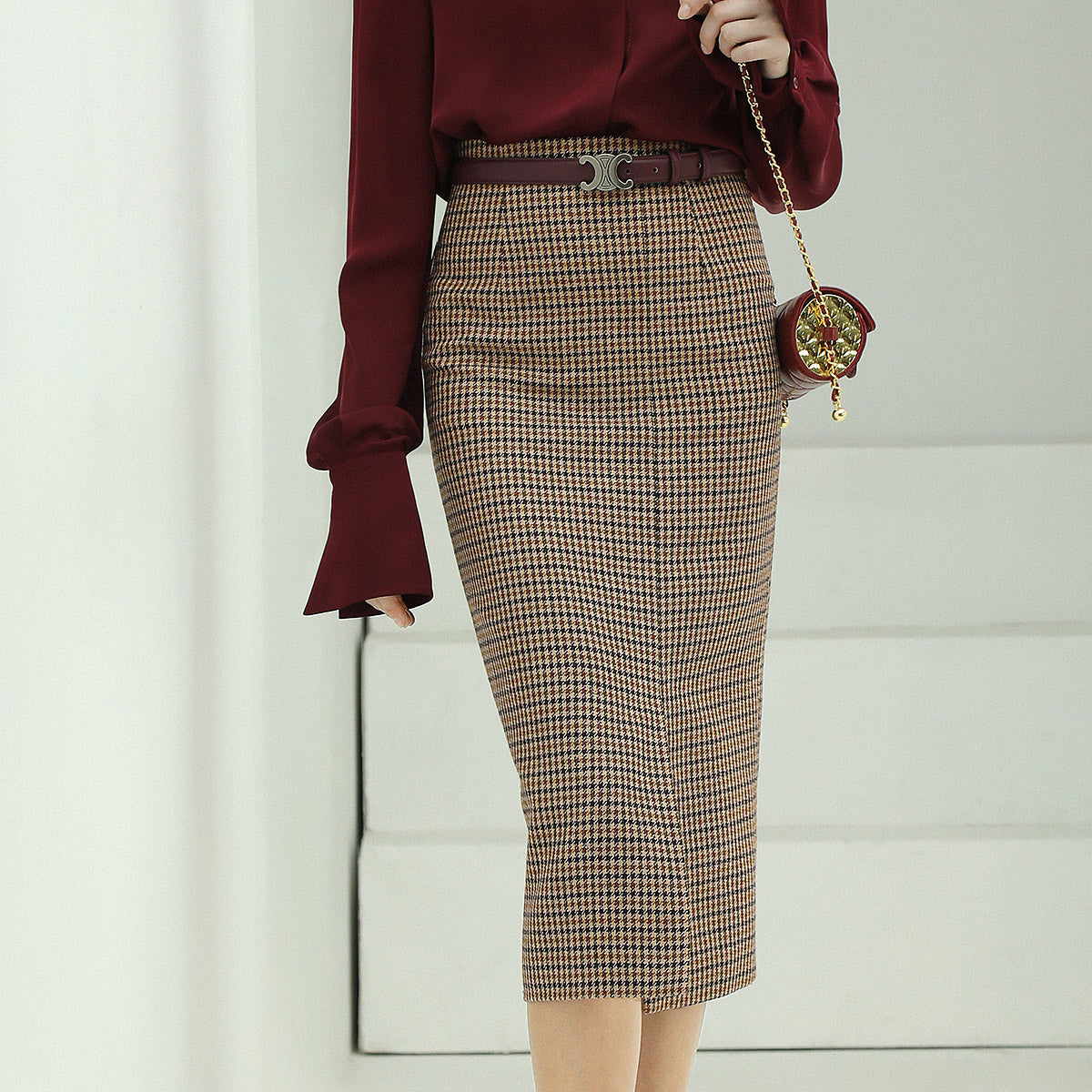 Brown Houndstooth Wool Skirt Cocobella