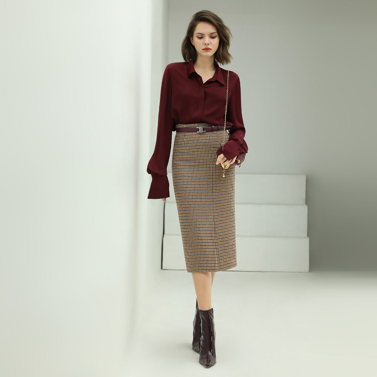 Brown Houndstooth Wool Skirt Cocobella