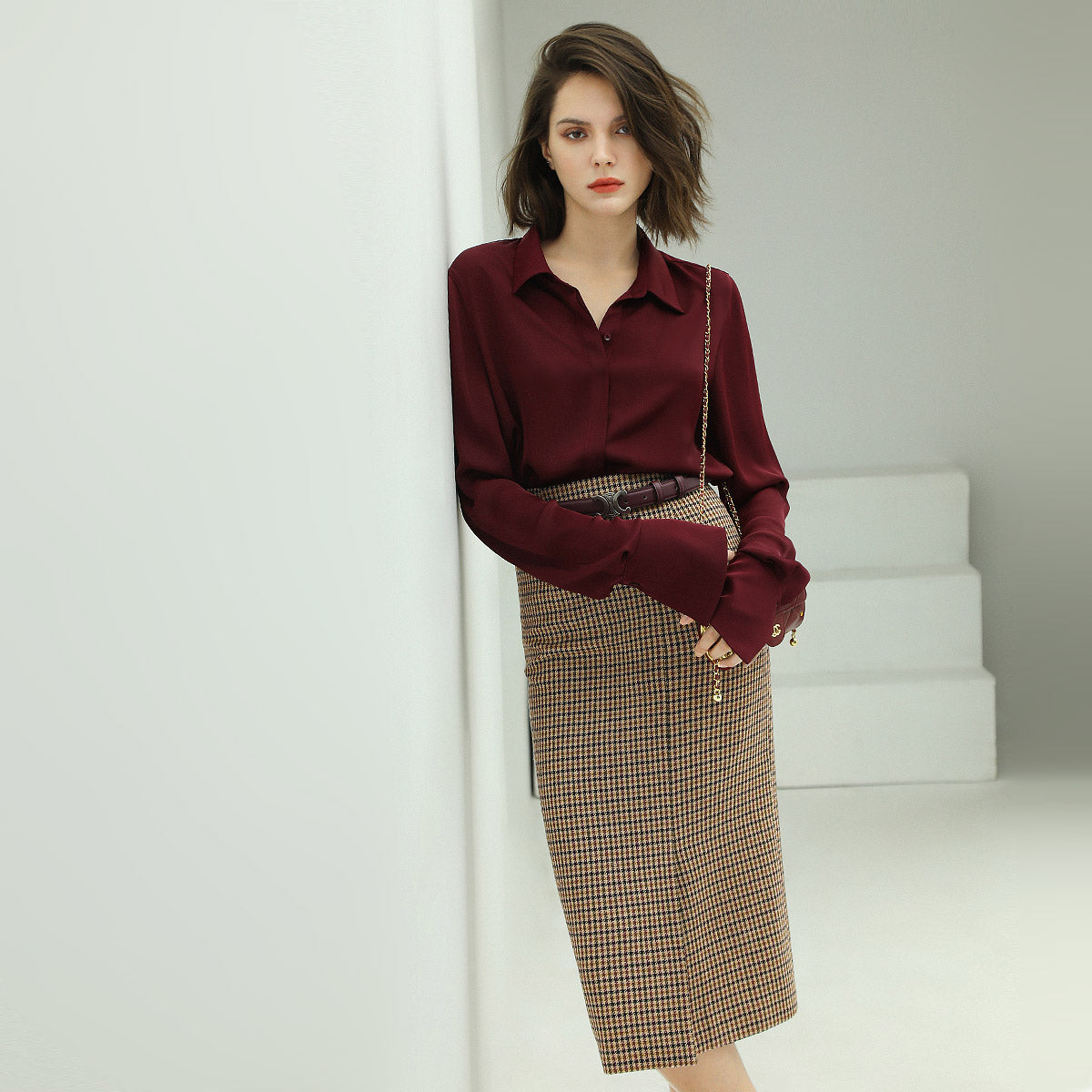 Brown Houndstooth Wool Skirt Cocobella