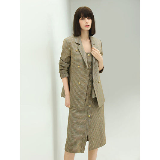Beige Checkered Double-Breasted Blazer Cocobella