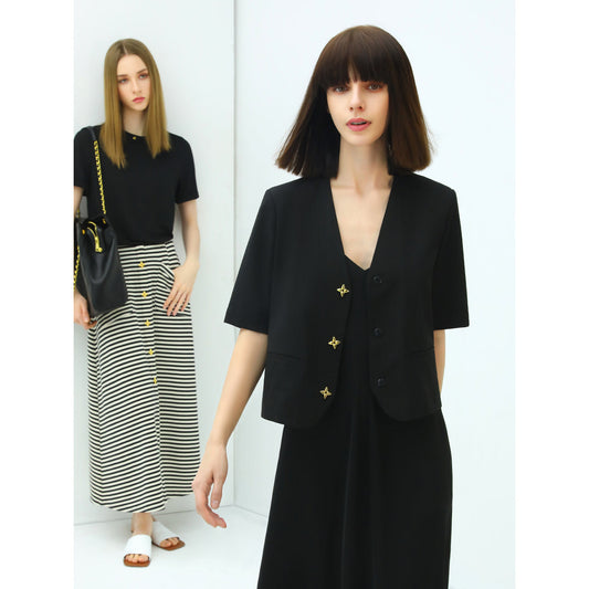 Black Cropped Blazer with Gold Buttons Cocobella